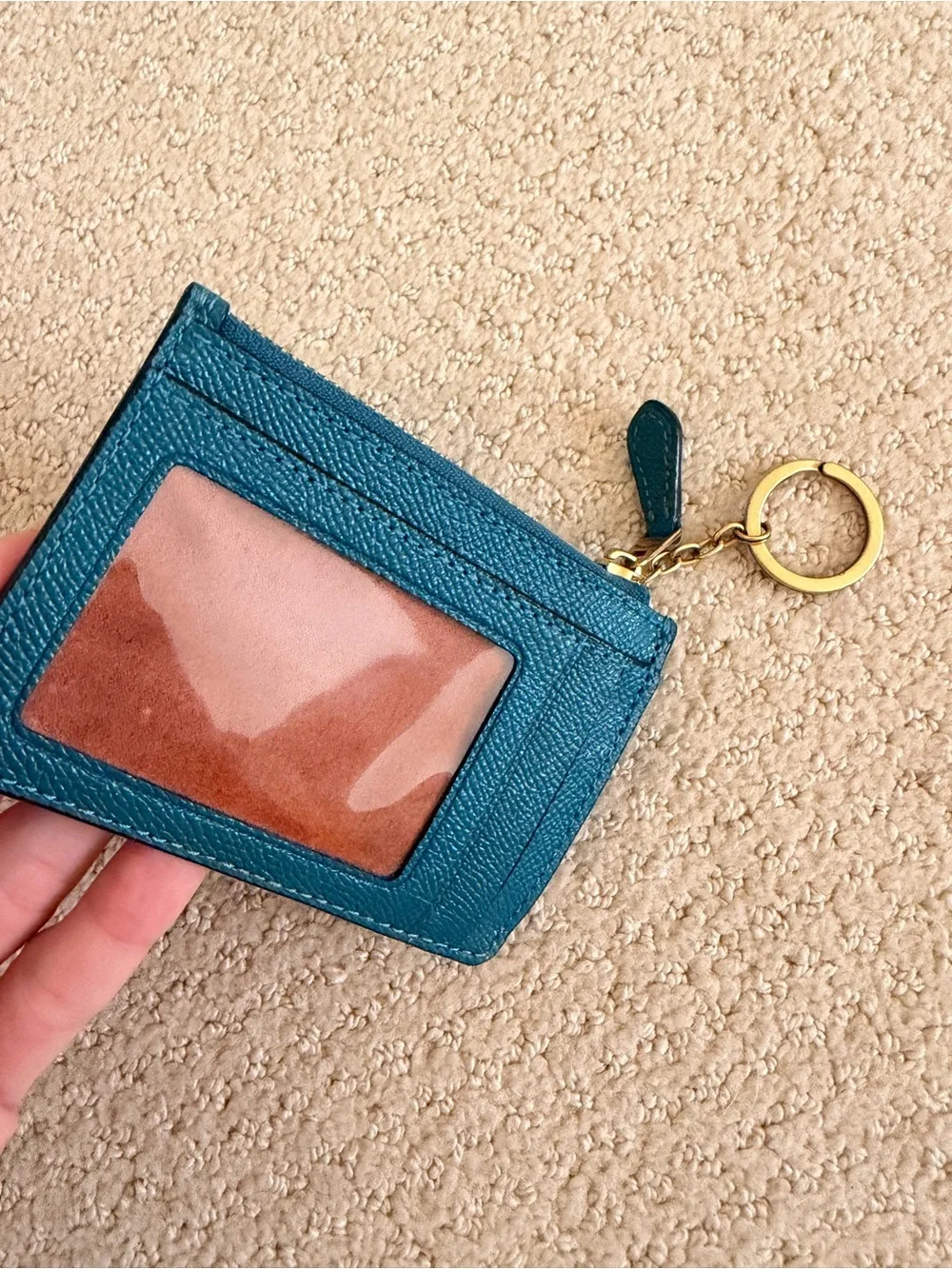 Coach Teal Leather Zip Card Holder with Key Ring